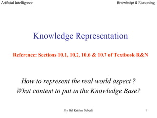 By Bal Krishna Subedi 1
Artificial Intelligence Knowledge & Reasoning
How to represent the real world aspect ?
What content to put in the Knowledge Base?
Knowledge Representation
Reference: Sections 10.1, 10.2, 10.6 & 10.7 of Textbook R&N
 
