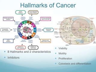 Hallmarks of Cancer




                                       Viability
 8 Hallmarks and 2 characteristics    Motility
 Inhibitors                           Proliferation
                                       Cytostasis and differentiation
 