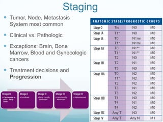 Staging
 Tumor, Node, Metastasis
  System most common

 Clinical vs. Pathologic
 Exceptions: Brain, Bone
  Marrow, Blood and Gynecologic
  cancers

 Treatment decisions and
  Progression
 