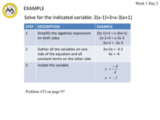 EXAMPLE
STEP DESCRIPTION EXAMPLE
1 Simplify the algebraic expression
on both sides
2(x-1)+3 = x-3(x+1)
2x-2+3 = x-3x-3
2x+1 = -2x-3
2 Gather all the variables on one
side of the equation and all
constant terms on the other side.
2x+2x = -3-1
4x = -4
3 Isolate the variable
1
-
x
4
4
x



Problem #23 on page 97
Week 1 Day 2
Solve for the indicated variable: 2(x-1)+3=x-3(x+1)
 
