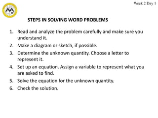 STEPS IN SOLVING WORD PROBLEMS
1. Read and analyze the problem carefully and make sure you
understand it.
2. Make a diagram or sketch, if possible.
3. Determine the unknown quantity. Choose a letter to
represent it.
4. Set up an equation. Assign a variable to represent what you
are asked to find.
5. Solve the equation for the unknown quantity.
6. Check the solution.
Week 2 Day 1
 
