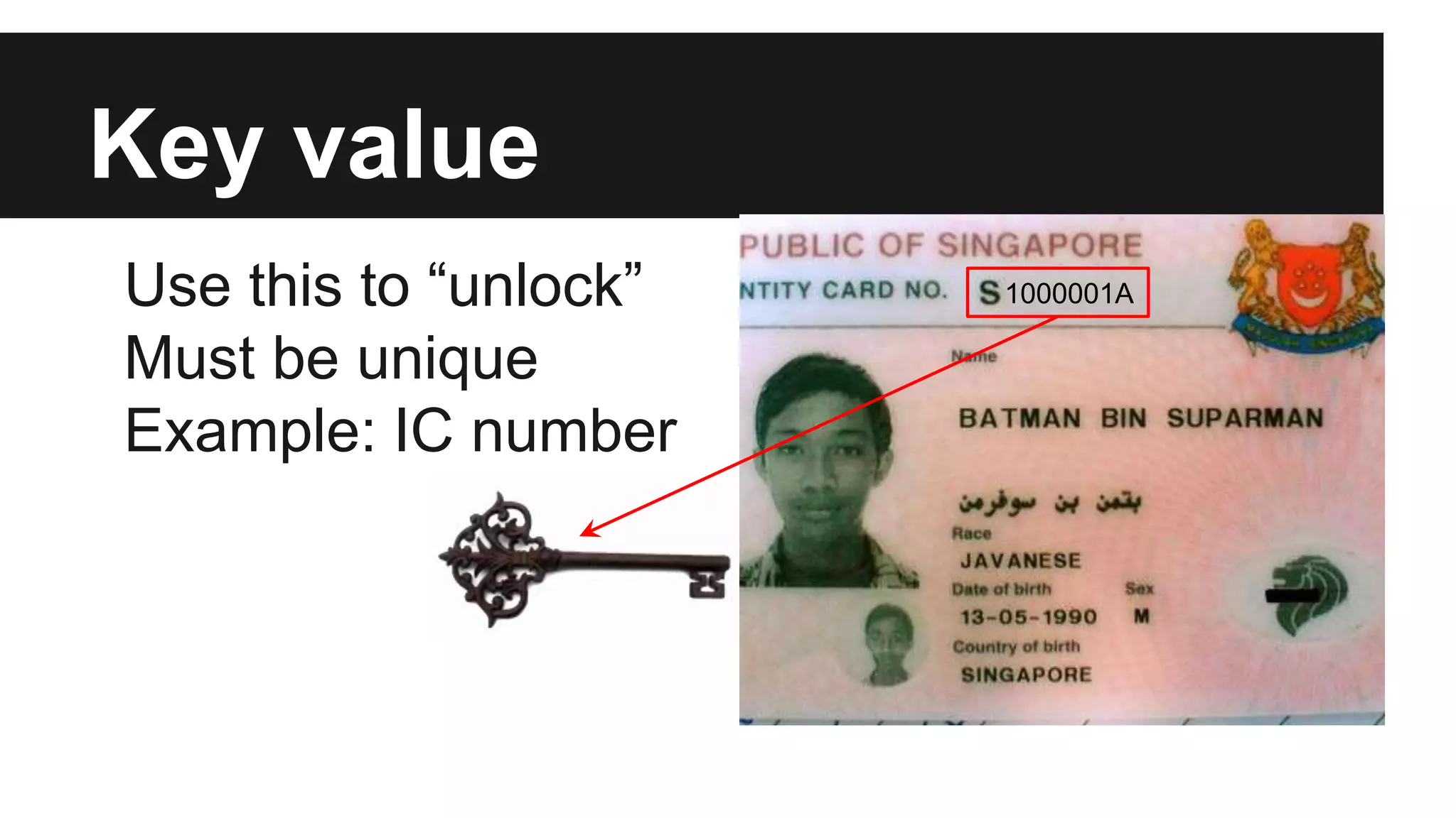 Key value
Use this to “unlock”
Must be unique
Example: IC number
1000001A
 