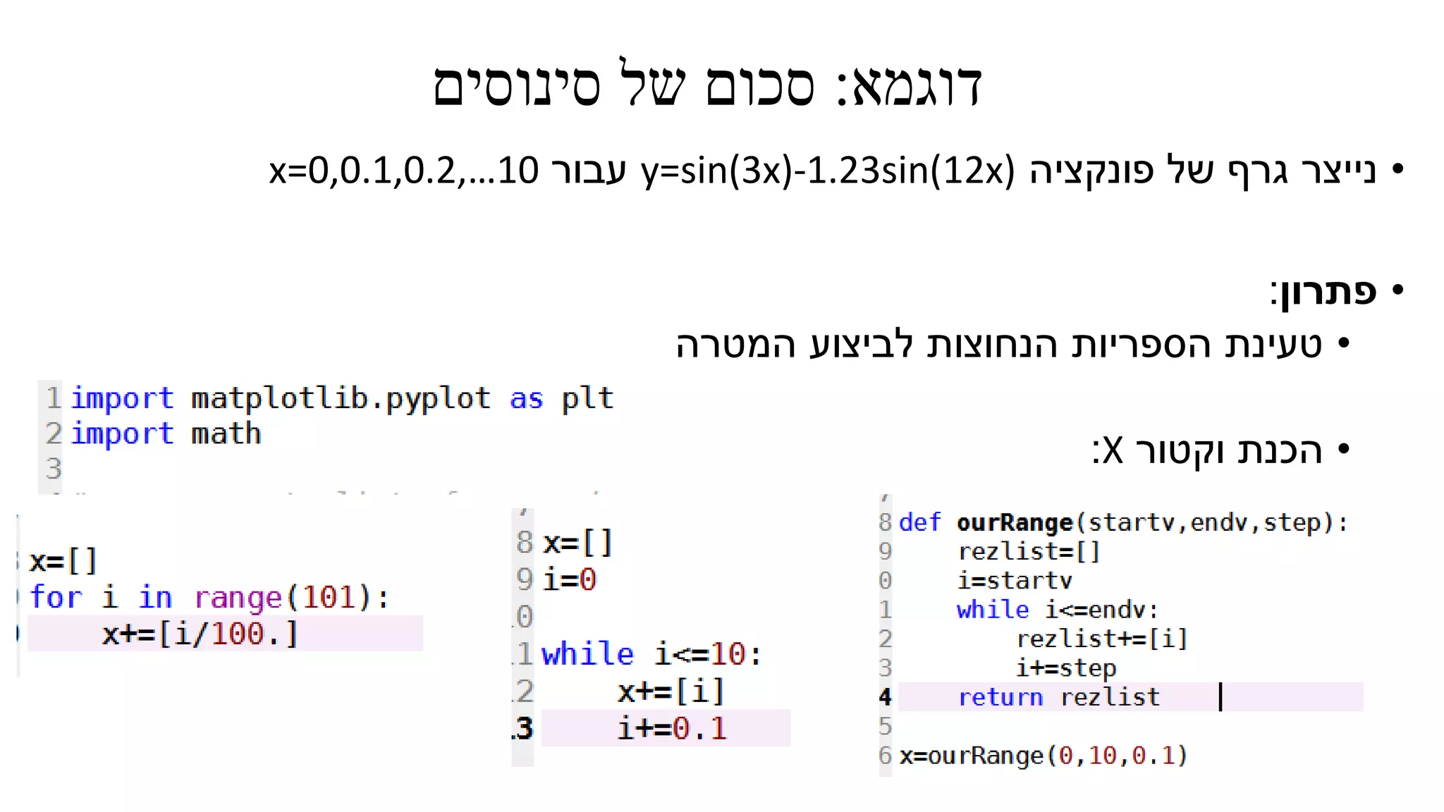 ‫דוגמא‬:‫סינוסים‬ ‫של‬ ‫סכום‬
•‫פונקציה‬ ‫של‬ ‫גרף‬ ‫נייצר‬y=sin(3x)-1.23sin(12x)‫עבור‬x=0,0.1,0.2,…10
•‫פתרון‬:
•‫המטרה‬ ‫לביצוע‬ ‫הנחוצות‬ ‫הספריות‬ ‫טעינת‬
•‫וקטור‬ ‫הכנת‬X:
 