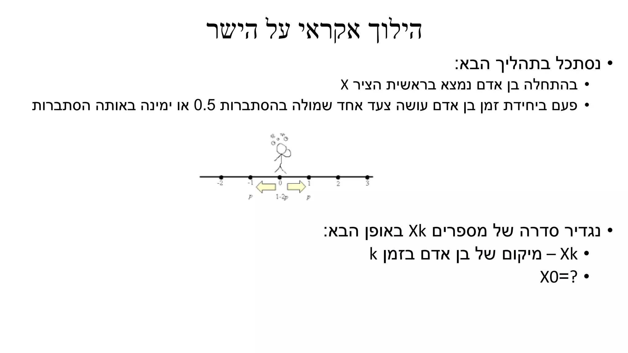 ‫הישר‬ ‫על‬ ‫אקראי‬ ‫הילוך‬
•‫הבא‬ ‫בתהליך‬ ‫נסתכל‬:
•‫הציר‬ ‫בראשית‬ ‫נמצא‬ ‫אדם‬ ‫בן‬ ‫בהתחלה‬X
•‫בהסתברות‬ ‫שמולה‬ ‫אחד‬ ‫צעד‬ ‫עושה‬ ‫אדם‬ ‫בן‬ ‫זמן‬ ‫ביחידת‬ ‫פעם‬0.5‫הסתברות‬ ‫באותה‬ ‫ימינה‬ ‫או‬
•‫מספרים‬ ‫של‬ ‫סדרה‬ ‫נגדיר‬Xk‫הבא‬ ‫באופן‬:
•Xk–‫בזמן‬ ‫אדם‬ ‫בן‬ ‫של‬ ‫מיקום‬k
•?=X0
 
