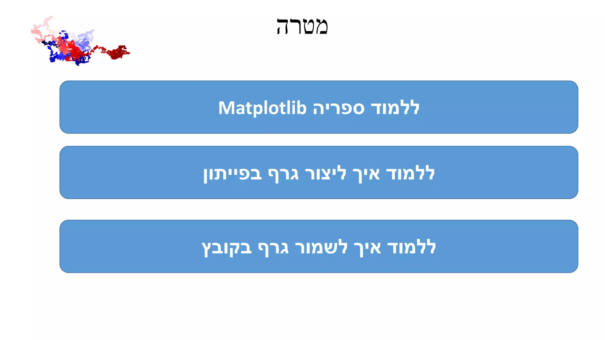 ‫מטרה‬
‫ספריה‬ ‫ללמוד‬Matplotlib
‫בפייתון‬ ‫גרף‬ ‫ליצור‬ ‫איך‬ ‫ללמוד‬
‫בקובץ‬ ‫גרף‬ ‫לשמור‬ ‫איך‬ ‫ללמוד‬
 
