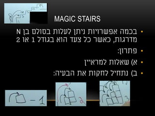 MAGIC STAIRS
•‫בן‬ ‫בסולם‬ ‫לעלות‬ ‫ניתן‬ ‫אפשרויות‬ ‫בכמה‬N
‫מדרגות‬,‫בגודל‬ ‫הוא‬ ‫צעד‬ ‫כל‬ ‫כאשר‬1‫או‬2
•‫פתרון‬:
•‫א‬)‫למראיין‬ ‫שאלות‬
•‫ב‬)‫הבעיה‬ ‫את‬ ‫לחקות‬ ‫נתחיל‬:
 