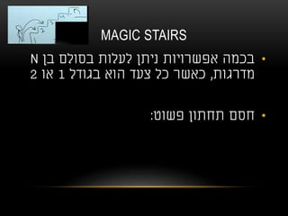 MAGIC STAIRS
•‫בן‬ ‫בסולם‬ ‫לעלות‬ ‫ניתן‬ ‫אפשרויות‬ ‫בכמה‬N
‫מדרגות‬,‫בגודל‬ ‫הוא‬ ‫צעד‬ ‫כל‬ ‫כאשר‬1‫או‬2
•‫פשוט‬ ‫תחתון‬ ‫חסם‬:
 