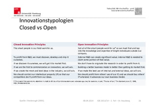 Innovationstypologien
Closed vs Open
08.04.2014 IGK 2013/14 – 1. Teil – Dr. Hausberg 16Quelle: Chesbrough (2003)
 