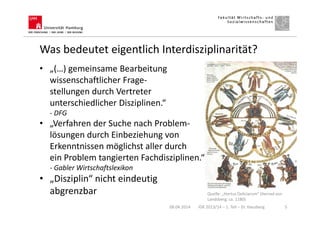 Was bedeutet eigentlich Interdisziplinarität?
• „(…) gemeinsame Bearbeitung
wissenschaftlicher Frage-
stellungen durch Vertreter
unterschiedlicher Disziplinen.“
- DFG
• „Verfahren der Suche nach Problem-
lösungen durch Einbeziehung von
Erkenntnissen möglichst aller durch
ein Problem tangierten Fachdisziplinen.“
- Gabler Wirtschaftslexikon
• „Disziplin“ nicht eindeutig
abgrenzbar
08.04.2014 IGK 2013/14 – 1. Teil – Dr. Hausberg 5
Quelle: „Hortus Deliciarum“ (Herrad von
Landsberg; ca. 1180)
 