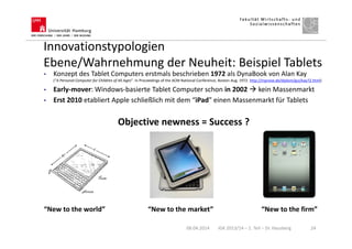 Innovationstypologien
Ebene/Wahrnehmung der Neuheit: Beispiel Tablets
08.04.2014 IGK 2013/14 – 1. Teil – Dr. Hausberg 24
• Konzept des Tablet Computers erstmals beschrieben 1972 als DynaBook von Alan Kay
(“A Personal Computer for Children of All Ages”. In Proceedings of the ACM National Conference, Boston Aug. 1972. http://mprove.de/diplom/gui/kay72.html)
• Early-mover: Windows-basierte Tablet Computer schon in 2002 kein Massenmarkt
• Erst 2010 etabliert Apple schließlich mit dem “iPad” einen Massenmarkt für Tablets
Objective newness = Success ?
“New to the world” “New to the market” “New to the firm”
 