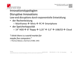 Innovationstypologien
Disruptive Innovations
08.04.2014 IGK 2013/14 – 1. Teil – Dr. Hausberg 30
Low-end disruptions durch exponentielle Entwicklung
• der Rechenleistung
– Mainframes  Minis  PC  Smartphone
• der Speicherkapazität
– 14“ HDD  8“ floppy  5,25“  3,5“  USB/CD  Cloud
"I think there is a world market for
maybe five computers.“
—Thomas Watson, chairman of IBM, 1943
Quelle:
scientificamerican.com/article/pogue-all-time-worst-tech-predictions/
 
