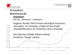 Innovation:
Wortherkunft
Innovation:
von lat. „innovare“ = erneuern
Cotgrave, Randle (1657) French and English Dictionary:
„Nouvateur: An innovator, a forger of new things“
„Novalité/Novation: An innovation, also a renewing“
John Symmons (1810). Reform without
Innovation. Savage: London.
08.04.2014 IGK 2013/14 – 1. Teil – Dr. Hausberg 8Quelle: Google Ngram Viewer
 