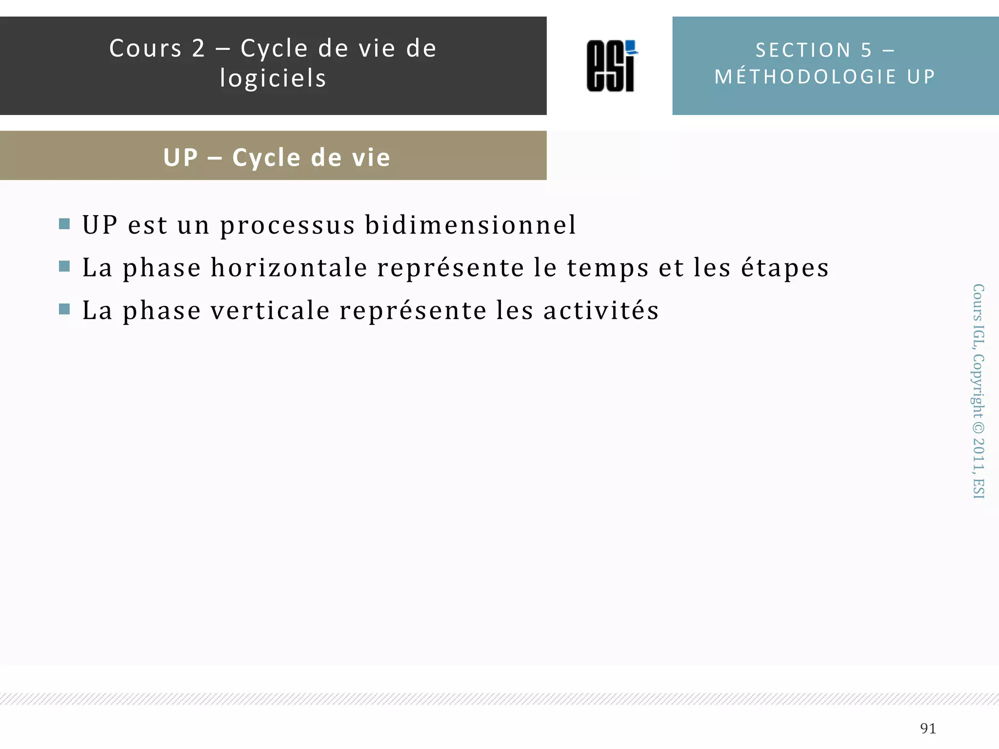 PROCESSUS ITÉRATIF ET INCRÉMENTALUP est composé de quatre phase : l’analyse de besoins (inception), l’élaboration, la construction et la transitionChaque phase peut être décomposée en plusieurs itérationsChaque itération produit un incrément du produitSection 5 – méthodologie up86Cours 2 – Cycle de vie de logicielsUP - Principes