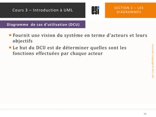 Fournit une vision du système en terme d’acteurs et leurs objectifsLe but du DCU est de déterminer quelles sont les fonctions effectuées par chaque acteurSection 2 – les diagrammes13Cours 3 – Introduction à UMLDiagramme  de cas d’utilisation (DCU)