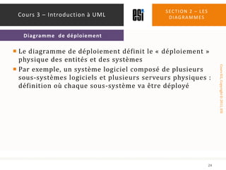 Le diagramme de déploiement définit le « déploiement » physique des entités et des systèmesPar exemple, un système logiciel composé de plusieurs sous-systèmes logiciels et plusieurs serveurs physiques : définition où chaque sous-système va être déployéSection 2 – les diagrammes24Cours 3 – Introduction à UMLDiagramme  de déploiement