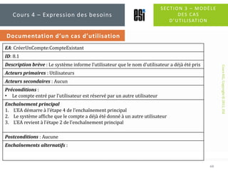 Section 3 – Modèle des cas d’utilisation<br />60<br />Cours 4 – Expression des besoins<br />Documentation d’un cas d’utili...