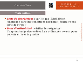SECTION 2 – LE
       Cours 8 – Tests                   PROCESSUS DE TESTS


        Tests système

 Tests de chargement ...