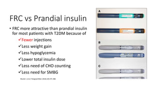 FRC vs Prandial insulin
• FRC more attractive than prandial insulin
for most patients with T2DM because of
Fewer injections
Less weight gain
Less hypoglycemia
Lower total insulin dose
Less need of CHO counting
Less need for SMBG
Blumer I, et al. Postgrad Med. 2018;130:375-380.
 