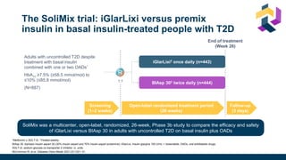 The SoliMix trial: iGlarLixi versus premix
insulin in basal insulin-treated people with T2D
*Metformin ± SGLT-2i; †Titrated weekly.
BIAsp 30, biphasic insulin aspart 30 (30% insulin aspart and 70% insulin aspart protamine); iGlarLixi, insulin glargine 100 U/mL + lixisenatide; OADs, oral antidiabetic drugs;
SGLT-2i, sodium-glucose co-transporter 2 inhibitor; U, units.
McCrimmon R, et al. Diabetes Obes Metab 2021;23:1221–31.
SoliMix was a multicenter, open-label, randomized, 26-week, Phase 3b study to compare the efficacy and safety
of iGlarLixi versus BIAsp 30 in adults with uncontrolled T2D on basal insulin plus OADs
Adults with uncontrolled T2D despite
treatment with basal insulin
combined with one or two OADs*
HbA1c ≥7.5% (≥58.5 mmol/mol) to
≤10% (≤85.8 mmol/mol)
(N=887)
iGlarLixi† once daily (n=443)
BIAsp 30† twice daily (n=444)
Open-label randomized treatment period
(26 weeks)
Screening
(1–2 weeks)
Follow-up
(3 days)
End of treatment
(Week 26)
1:1
R
 