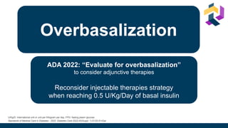 When basal insulin is not enough1
PPG excursion should be addressed with another agent if insulin dose reached
~0.5 U/kg/d without enough control
U/Kg/D: International unit or unit per Kilogram per day, FPG: fasting plasm glucose
Standards of Medical Care in Diabetes - 2022. Diabetes Care 2022;45(Suppl. 1):S125-S143ar
ADA 2022: “Evaluate for overbasalization”
to consider adjunctive therapies
Reconsider injectable therapies strategy
when reaching 0.5 U/Kg/Day of basal insulin
Overbasalization
 