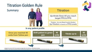 Highlights from the EU SmPC are provided here; please refer to the SmPC for more detailed information.
Available at: http://www.ema.europa.eu/docs/en_GB/document_library/EPAR_-_Product_Information/human/002445/WC500140401.pdf (Last access: Nov 2019)
Titration Golden Rule
Summary
In any patient profile
Titration
Up-titrate Dose till you reach
target FPG & PPG
Titration ; As any Basal insulin titration
Up-Titration is based on FPG Levels
Once you reached 40
units from Yellow pen
Shift patient to green
pen
40
units
Titrate up to
60
units
 