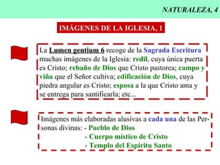 NATURALEZA, 4 La  Lumen gentium 6  recoge de la  Sagrada Escritura muchas imágenes de la Iglesia:  redil , cuya única puerta es Cristo;  rebaño de Dios  que Cristo pastorea;  campo y viña  que el Señor cultiva;  edificación   de Dios , cuya piedra angular es Cristo;  esposa  a la que Cristo ama y  se entrega para santificarla; etc... IMÁGENES DE LA IGLESIA, 1 Imágenes más elaboradas alusivas a  cada una  de las Per- sonas divinas: -  Pueblo de Dios -  Cuerpo místico de Cristo -  Templo del Espíritu Santo 