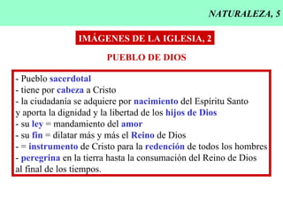 NATURALEZA, 5 IMÁGENES DE LA IGLESIA, 2 PUEBLO DE DIOS - Pueblo  sacerdotal - tiene por  cabeza  a Cristo - la ciudadanía se adquiere por  nacimiento  del Espíritu Santo y aporta la dignidad y la libertad de los  hijos de Dios - su  ley  = mandamiento del  amor - su  fin  = dilatar más y más el  Reino  de Dios - =  instrumento  de Cristo para la  redención  de todos los hombres -  peregrina  en la tierra hasta la consumación del Reino de Dios al final de los tiempos. 