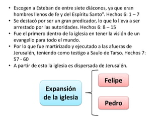 • Escogen a Esteban de entre siete diáconos, ya que eran 
hombres llenos de fe y del Espíritu Santo”. Hechos 6: 1 – 7 
• Se destacó por ser un gran predicador, lo que lo lleva a ser 
arrestado por las autoridades. Hechos 6: 8 – 15 
• Fue el primero dentro de la iglesia en tener la visión de un 
evangelio para todo el mundo. 
• Por lo que fue martirizado y ejecutado a las afueras de 
Jerusalén, teniendo como testigo a Saulo de Tarso. Hechos 7: 
57 - 60 
• A partir de esto la iglesia es dispersada de Jerusalén. 
Expansión 
de la iglesia 
Felipe 
Pedro 
 
