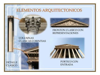ELEMENTOS ARQUITECTONICOSFRONTON CLASICO CON REPRESENTACIONESCOLUMNAS CLASICAS CORINTIASPORTICO CON ENTRADADETALLE CLASICO