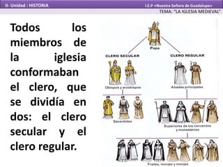 Todos los
miembros de
la iglesia
conformaban
el clero, que
se dividía en
dos: el clero
secular y el
clero regular.
TEMA: “LA IGLESIA MEDIEVAL”
II- Unidad : HISTORIA I.E.P «Nuestra Señora de Guadalupe»
 
