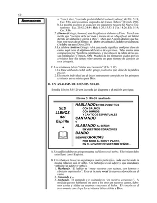 50
AAAAANONONONONOTTTTTAAAAACIONESCIONESCIONESCIONESCIONES
a. Trench dice, “con toda probabilidad el salmoi [salmos] de Efe. 5:19,
Col. 3:16, son los salmos inspirados del Canon Hebreo” (Trench, 296).
b. La palabra psalmos es usada en los siguientes pasajes del Nuevo Tes-
tamento: Luc. 20:42; 24:44; Hch. 1:20; 13:33; 1 Cor. 14:26; Efe. 5:19;
Col. 3:16.
2. Himnos (Griego, humnos) son dirigidos en alabanza a Dios. Trench co-
menta que “siempre debe ser más o menos de un Magníficat, un hablar
directo de alabanza y gloria a Dios”. Dice que Agustín declaró que ha-
bían tres bases de un himno: (1) Debe ser cantado; (2) debe ser alabanza;
(3) debe ser para Dios (298).
3. La palabra cánticos (Griego: ode), que puede significar cualquier clase de
canto, aquí tiene el adjetivo calificativo de espiritual. Tales cantos eran
compuestos por “hombres espirituales, y movidos en la esfera de las co-
sas espirituales” (Trench, 300). Muchos de los himnarios usados por los
cristianos hoy día tienen relativamente un gran número de cánticos de
esta categoría.
C. Los cristianos deben “alabar en el corazón” (Efe. 5:19).
1. La frase alabando es del verbo griego psallontes que viene de la palabra
psallo.
2. El corazón individual era el único instrumento conocido por los primeros
cristianos en su música para Dios.
II. UN ANALISIS DE EFESIOS 5:18-20.
Estudie Efesios 5:18-20 con la ayuda del diagrama y el análisis que sigue.
A. Un análisis del texto griego muestra sed llenos es el verbo. El cristiano debe
estar lleno con el Espíritu.
B. El verbo (sed llenos) es seguido por cuatro participios, cada uno llevando la
misma relación con el verbo. Un participio es un adjetivo que cualidades
verbales (un adjetivo verbal).
1. Hablando. El hablar es “entre vosotros con salmos, con himnos y
cánticos espirituales”. Esta es la parte vocal de nuestra adoración en el
canto.
2. Cantando y ...
3. Alabando. El cantando y el alabando es “en vuestros corazones”. A
medida que nos hablamos los unos a los otros en nuestros cantos, debe-
mos cantar y alabar en nuestros corazones al Señor. El corazón es el
instrumento con el que los cristianos deben alabar a Dios.
Efesios 5:18b-20 Analizado
HABLANDOENTRE VOSOTROS
CON SALMOS
CON HIMNOS
Y CANTICOS ESPIRITUALES
CANTANDO
Y
ALABANDO AL SEÑOR
EN VUESTROS CORAZONES
DANDO
SIEMPRE GRACIAS
POR TODO AL DIOS Y PADRE,
EN EL NOMBRE DE NUESTRO SEÑOR ...
SED
LLENOS
del
Espíritu
 