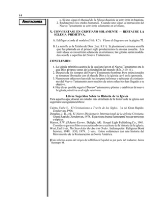 84
AAAAANONONONONOTTTTTAAAAACIONESCIONESCIONESCIONESCIONES
c. Si uno sigue el Manual de la Iglesia Bautista se convierte en bautista.
2. Rechacemos los credos humanos. Cuando uno sigue la instrucción del
Nuevo Testamento se convierte solamente en cristiano.
X. CONVIERTASE EN CRISTIANO SOLAMENTE — RESTAURE LA
IGLESIA PRIMITIVA.
A. Edifique acorde al modelo (Heb. 8:5). Véase el diagrama en la página 73.
B. La semilla es la Palabra de Dios (Luc. 8:11). Si plantamos la misma semilla
que fue plantada en el primer siglo produciremos la misma cosecha. Los
individuos se convertirán solamente en cristianos; las iglesias serán modela-
das acorde a aquellas del Nuevo Testamento.
CONCLUSION:
1. La iglesia primitiva acerca de la cual uno lee en el Nuevo Testamento era lo
que Dios propuso antes de la fundación del mundo (Efe. 3:10-11).
2. Después de los tiempos del Nuevo Testamento hombres bien intencionados
se tomaron libertades con el plan de Dios y la iglesia cayó en la apostasía.
3. Numerosos esfuerzos han sido hechos para reformar o restaurar el cristianis-
mo del Nuevo Testamento pero muchos de estos esfuerzos han llegado a su
objetivo.
4.HoydíaesposibleseguirelNuevoTestamentoyplantaroestablecerdenuevo
laiglesiaprimitivaenelsigloveintiuno.
Libros Sugeridos Sobre la Historia de la Iglesia
Para aquellos que desean un estudio más detallado de la historia de la iglesia son
sugeridoslossiguienteslibros:
Cairns, Earle E. El Cristianismo a Través de los Siglos, 3a ed. Gran Rapids:
Zondervan, 1996.
Douglas, J. D., ed. El Nuevo Diccionario Internacional de la Iglesia Cristiana.
GrandRapids: Zondervan,1978. Estaesunabuenafuenteparabuscarpersonas
o tópicos.
Mattox, F.W. El Reino Eterno. Delight, AR: Gospel Light Publishing Co., 1961.
Considero que este libro es escrutinio breve excelente de la historia de la iglesia.
West, Earl Irvin, The Search for the Ancient Order. Indianapolis: Religious Book
Service, 1949; 1950, 1979. 3 vols. Estos volúmenes dan una historia del
Movimiento de la Restauración en Norte América.
§Este informe acerca del origen de la Biblia en Español es por parte del traductor, Jaime
Restrepo M.
 