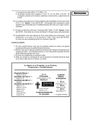 7
AAAAANONONONONOTTTTTAAAAACIONESCIONESCIONESCIONESCIONES
3. Los postreros días (Hch. 2:17; Heb. 1:2).
4. El primer sermón del evangelio (1 Cor. 15:1-5; cfr. Hch. 2:23,32). El
evangelio consiste en la muerte, sepultura, resurrección, y apariciones de
Cristo.
B. Los santos en la iglesia en Colosas habían sido trasladados al reino de Cristo
(Col. 1:13). Epoca: Cerca del 62 DC. Este pasaje sólo contestará a todos
aquellos que contienden por el establecimiento del reino en el siglo veinte o
veintiuno.
C. El reino es descrito como uno “inconmovible” (Heb. 12:28). Epoca: Cerca
del 68 DC. Este debe ser el reino de Daniel 2:44 que nunca sería destruido.
D. Escribiéndole a las siete iglesias de Asia, Juan afirmó ser su hermano “en la
tribulación, en el reino y en la paciencia” (Ap. 1:4,9; cerca del 94 DC).
El reino era una realidad presente en el primer siglo DC.
CONCLUSION:
1. En este estudio hemos visto que los profetas tenían en mente a la iglesia
cuando profetizaron el establecimiento del reino.
2. Hemos visto que la iglesia cumple las profecías del Antiguo Testamento con
respecto al reino. Los términos iglesia y reino describen al pueblo de Dios
desde diferentes puntos de vista.
3. El reino fue establecido en el primer siglo.
4. Debe ser sacada la conclusión de que la doctrina el reinado literal de Jesús
en la tierra, algo aún en el futuro, ¡es falsa!
La Iglesia en el Propósito, en la Profecía,
Preparación y Establecimiento
Propósito Eterno
Efesios3:10-11
Alrededor del 725 AC
Isaías 2:1-4
Alrededor del 600 AC
Daniel 2
Alrededor del 26-30 DC
Mateo 3:1-2
Marcos 1:14-15
Mateo 16:18
Marcos 9:1
Lucas10:9-10
Lucas22:18
DC 30
El Principio
(véase Hechos 11:15)
Hechos 2
✟
Pentecostés
Hch. 2:1 – 2:47
Lucas 24:24-49
Hechos 1:6-8
La Iglesia Establecida
en Jerusalén
La Iglesia
(Reino)
en Existencia
62 DC
Colosenses 1:13
68 DC
Hebreos 12:28
96 DC
Apocalipsis 1:9
— La Iglesia Primitiva
 