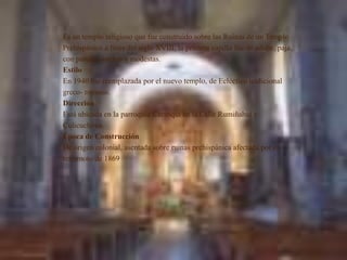 Es un templo religioso que fue construido sobre las Ruinas de un Templo
Prehispánico a fines del siglo XVIII, la primera capilla fue de adobe, paja,
con paredes anchas y modestas.
Estilo
En 1940 fue reemplazada por el nuevo templo, de Ecléctico tradicional
greco- romano.
Dirección
Está ubicada en la parroquia Caranqui en la Calle Rumiñahui y
Culicuchima.
Época de Construcción
De origen colonial, asentada sobre ruinas prehispánica afectada por el
terremoto de 1869
 