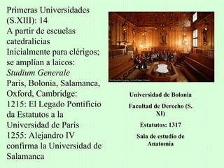 Primeras Universidades
(S.XIII): 14
A partir de escuelas
catedralicias
Inicialmente para clérigos;
se amplían a laicos:
Studium Generale
París, Bolonia, Salamanca,
Oxford, Cambridge:            Universidad de Bolonia
1215: El Legado Pontificio    Facultad de Derecho (S.
da Estatutos a la                       XI)
Universidad de París              Estatutos: 1317
1255: Alejandro IV              Sala de estudio de
confirma la Universidad de          Anatomía

Salamanca
 