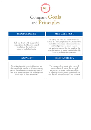Company Goals 
and Principles 
INDEPENDENCE MUTUAL TRUST 
IGL is a closely held, independent 
organization that bases its code of 
conduct on the traditional 
values of an Indian family. 
EQUALITY RESPONSIBILITY 
To achieve its ambitions, the Company has 
determined that equality in all respects must 
prevail throughout the company so that staff, 
our most important asset, can act freely with 
confidence in their own ability. 
In setting our aims and ambitions for the 
future, the managing team at IGL believes that 
mutual trust must exist between our clients, 
staff and partners to ensure success. 
It is with this concept that the people at the 
helm feel assured of having established stable, 
sound foundation for the future. 
The purpose of our group is for planned, 
sustained growth within the accepted 
parameters of ethical business resulting 
in a long-term relationship with our clients 
and the well being of our staff and partners. 
 