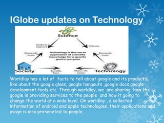 IGlobe updates on Technology

Worldlay has a lot of facts to tell about google and its products
like about the google glass, google hangouts ,google docs,google
development tools etc. Through worldlay, we are sharing how the
google is providing services to the people and how it going to
change the world at a wide level. On worldlay , a collected
information of android and apple technologies ,their applications and
usage is also preseneted to people.

 