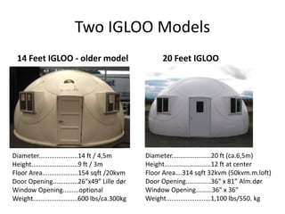 Two IGLOO Models
14 Feet IGLOO - older model 20 Feet IGLOO
Diameter......................14 ft / 4,5m
Height..........................9 ft / 3m
Floor Area....................154 sqft /20kvm
Door Opening..............26"x49” Lille dør
Window Opening.........optional
Weight.........................600 lbs/ca.300kg
Diameter......................20 ft (ca.6,5m)
Height..........................12 ft at center
Floor Area….314 sqft 32kvm (50kvm.m.loft)
Door Opening..............36" x 81” Alm.dør
Window Opening.........36" x 36"
Weight.........................1,100 lbs/550. kg
 