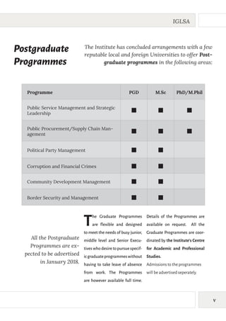 V
IGLSA
Postgraduate
Programmes
The Institute has concluded arrangements with a few
reputable local and foreign Universities to offer Post-
graduate programmes in the following areas:
Programme PGD M.Sc PhD/M.Phil
Public Service Management and Strategic
Leadership
g g g
Public Procurement/Supply Chain Man-
agement
g g g
Political Party Management g g
Corruption and Financial Crimes g g
Community Development Management g g
Border Security and Management g g
The Graduate Programmes
are flexible and designed
to meet the needs of busy junior,
middle level and Senior Execu-
tiveswhodesiretopursuespecif-
icgraduateprogrammeswithout
having to take leave of absence
from work. The Programmes
are however available full time.
Details of the Programmes are
available on request. All the
Graduate Programmes are coor-
dinated by the Institute’s Centre
for Academic and Professional
Studies.
Admissions to the programmes
will be advertised seperately.
All the Postgraduate
Programmes are ex-
pected to be advertised
in January 2018.
 