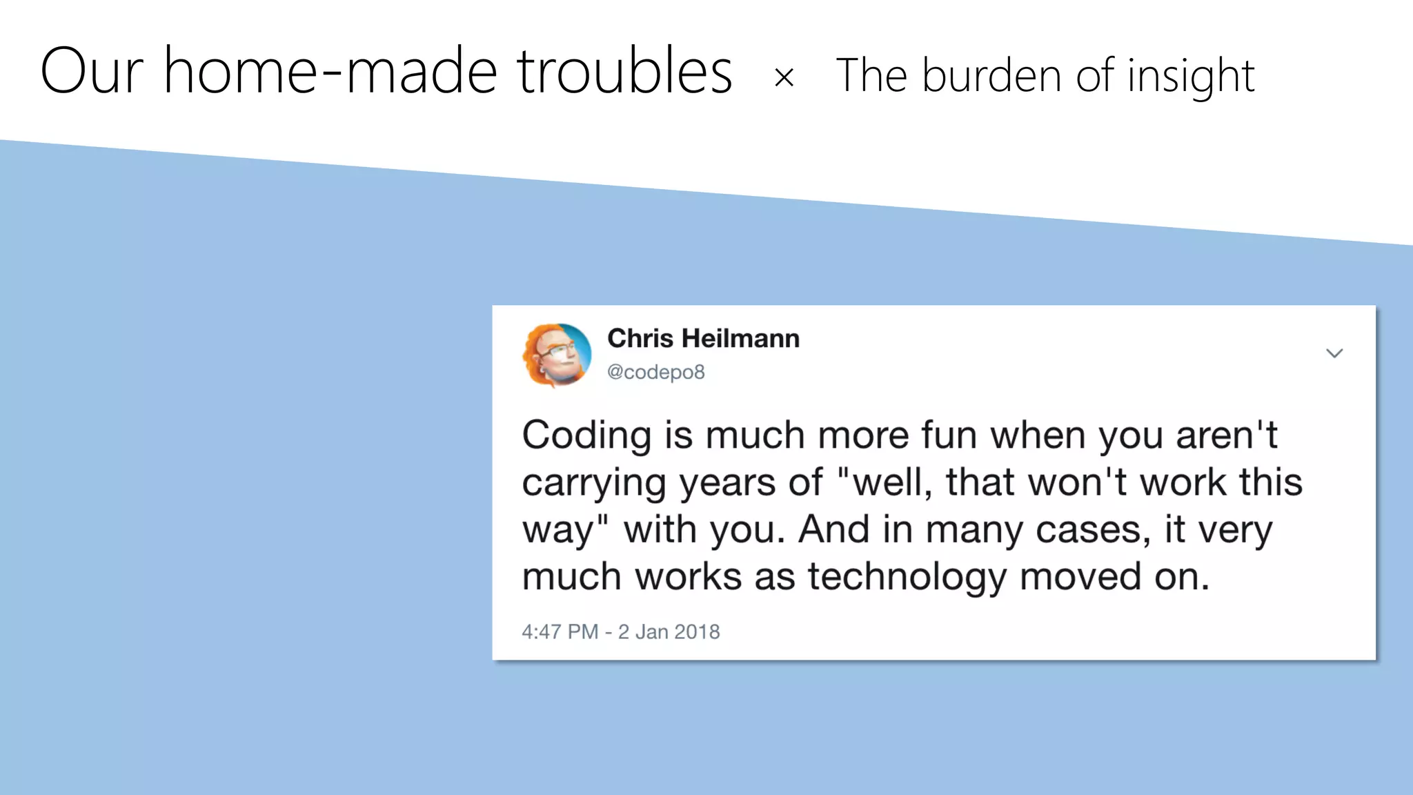 Our home-made troubles × The burden of insight
 