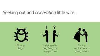 Seeking out and celebrating little wins.
Closing
bugs
Helping with
bug fixing the
way you can
Finding
inspiration and
givi...