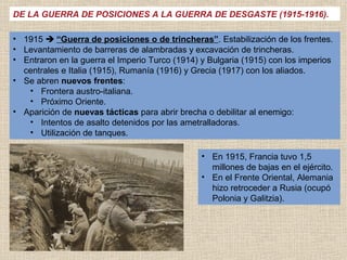 DE LA GUERRA DE POSICIONES A LA GUERRA DE DESGASTE (1915-1916).

• 1915  “Guerra de posiciones o de trincheras”. Estabilización de los frentes.
• Levantamiento de barreras de alambradas y excavación de trincheras.
• Entraron en la guerra el Imperio Turco (1914) y Bulgaria (1915) con los imperios
  centrales e Italia (1915), Rumanía (1916) y Grecia (1917) con los aliados.
• Se abren nuevos frentes:
   • Frontera austro-italiana.
   • Próximo Oriente.
• Aparición de nuevas tácticas para abrir brecha o debilitar al enemigo:
   • Intentos de asalto detenidos por las ametralladoras.
   • Utilización de tanques.

                                                • En 1915, Francia tuvo 1,5
                                                  millones de bajas en el ejército.
                                                • En el Frente Oriental, Alemania
                                                  hizo retroceder a Rusia (ocupó
                                                  Polonia y Galitzia).
 