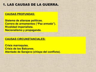 1. LAS CAUSAS DE LA GUERRA.

 CAUSAS PROFUNDAS:

 Sistema de alianzas políticas.
 Carrera de armamentos (“Paz armada”).
 Rivalidad imperialista.
 Nacionalismo y propaganda.


 CAUSAS CIRCUNSTANCIALES:

 Crisis marroquíes.
 Crisis de los Balcanes.
 Atentado de Sarajevo (chispa del conflicto).
 