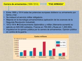Carrera de armamentos (1890-1914)               “PAZ ARMADA”



• Entre 1890 y 1914 todas las potencias europeas doblaron su armamento por
  tierra y mar.
• Se instauró el servicio militar obligatorio.
• Mejoras en la tecnología armamentística (aplicación de los avances de la
  Segunda Revolución Industrial).
• 1912-1914  Endurecimiento diplomático y militar (Alemania aumentó su
  ejército en 820.000 soldados, Francia en 750.000 y Rusia en 1.200.000).
• Inquietud en la opinión pública por la carrera de armamentos. Opinión pública
  en contra de la guerra.
 