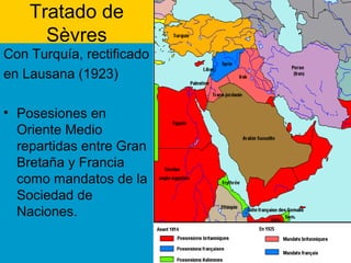 Tratado de
Sèvres
Con Turquía, rectificado
en Lausana (1923)
• Posesiones en
Oriente Medio
repartidas entre Gran
Bretaña y Francia
como mandatos de la
Sociedad de
Naciones.
 