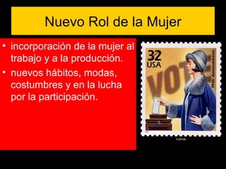 Nuevo Rol de la Mujer
• incorporación de la mujer al
trabajo y a la producción.
• nuevos hábitos, modas,
costumbres y en la lucha
por la participación.
 