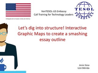Let’s dig into structure! Interactive
Graphic Maps to create a smashing
essay outline
Jesús Sosa
ULA Mérida
VenTESOL-US Embassy
Call Training for Technology Leaders
Embajada de los Estados Unidos de América