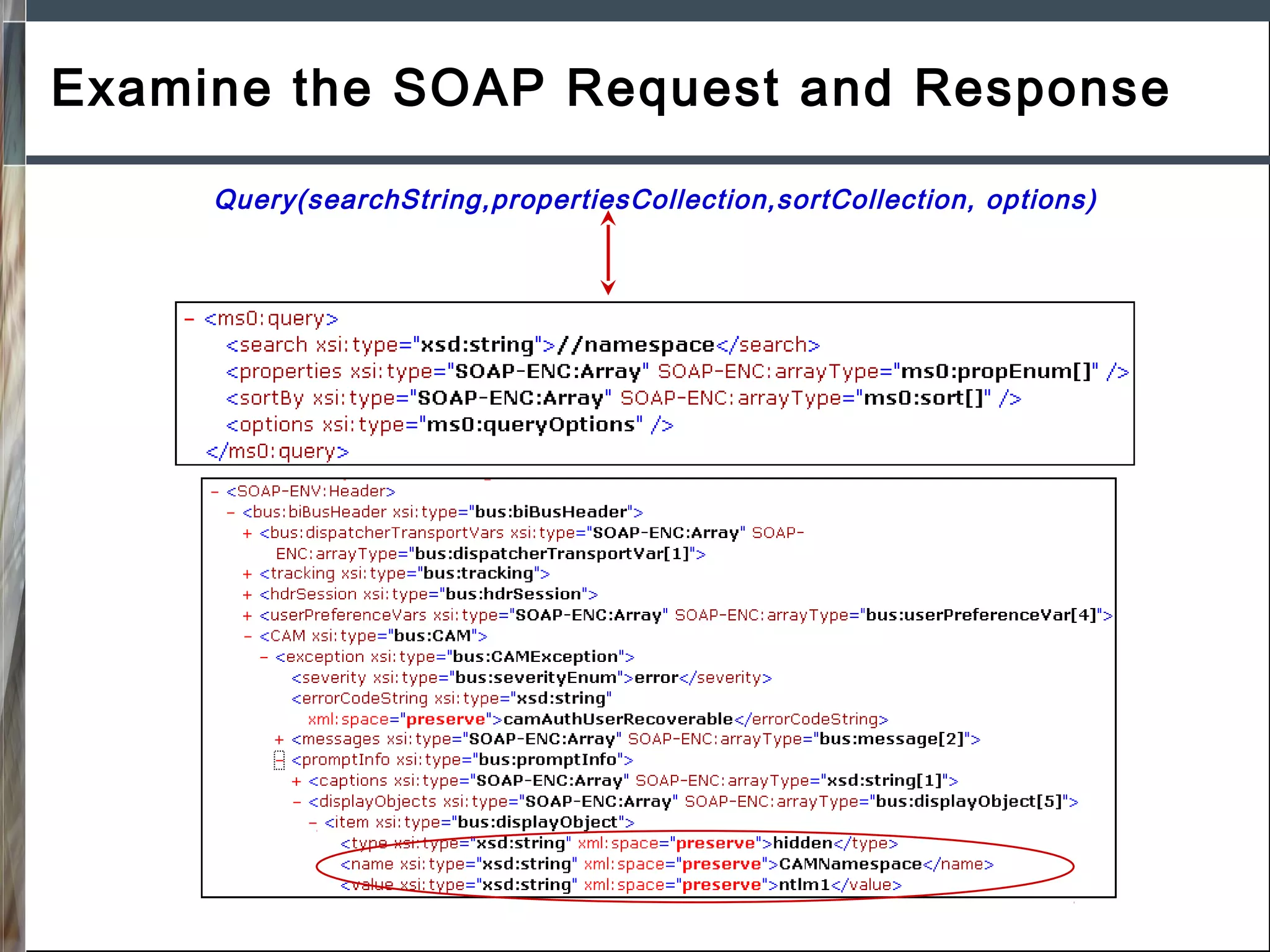 Examine the SOAP Request and Response
Query(searchString,propertiesCollection,sortCollection, options)

 