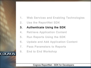 1.

Web Services and Enabling Technologies

2.

Use the ReportNet SDK

3.

Authenticate Using the SDK

4.

Retrieve Application Content

5.

Run Reports Using the SDK

6.

Update and Add Application Content

7.

Pass Parameters to Reports

8.

End to End Workshop

Cognos ReportNet - SDK for Developers

 