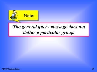 TCP/IP Protocol Suite 14
The general query message does not
define a particular group.
Note:
 